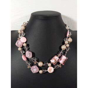Pink Glass Shell Faux Pearl Multi Wire Statement Necklace 19"